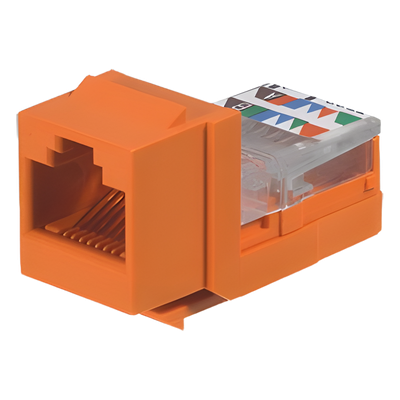 Conector Jack Estilo Leadframe, Tipo Keystone, Categoría 5e, de 8 posiciones y 8 cables, Color Naranja