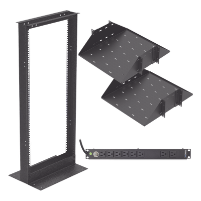 Kit de Rack Estándar 19", 24 UR con 2 Charolas  y PDU (8 tomas). Ideal para UPS y Servidores tipo Torre.