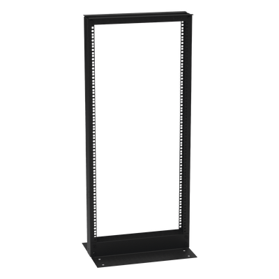 Rack de 2 Postes (Doble Perforación), Estándar 19", 24 Unidades, Fabricado en Acero, Base "L" para Anclar a Piso.