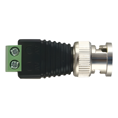 Adaptador de conector BNC macho a 2 terminales-tornillo para cables AWG-26-14, en aplicaciones Video Vigilancia, Níquel/ Oro/  PTFE y PVC.