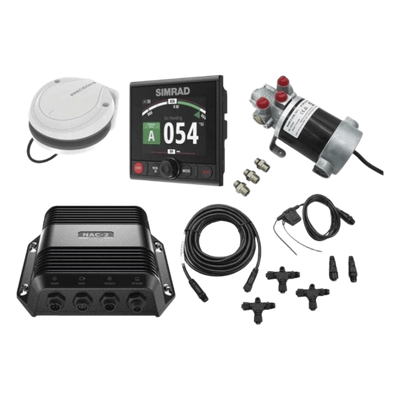 Piloto Automático Simrad para Embarcaciones Fueraborda y Dentrofueraborda / Paquete Completo / Controlador AP44 con Pantalla a Color 4.1 Pulgadas / Bomba Hidráulica RPU-80 / Brújula Precision-9 / Compatible con NMEA 2000® / Virtua
