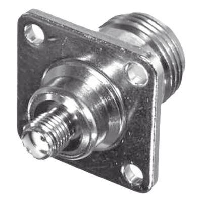 Adaptador en Línea para Panel de SMA Hembra a N Hembra, Montaje Trasero para 18 mm entre Centros, Níquel/ Oro/ Teflón.