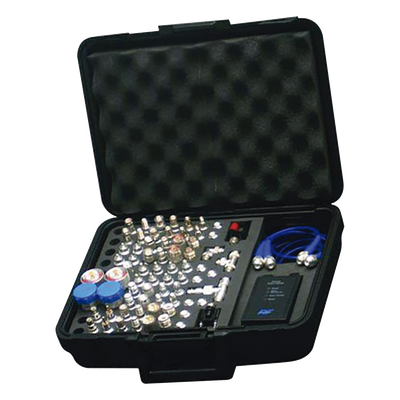 Mega Kit de Adaptadores UNIDAPT de 74 piezas, en conjunto todos los del RFA-4019 y RFA-4023-01 así como 2 Cables UNIDAPT, un Barril-Machos y un Probador de Cables en un solo estuche con bisagras.