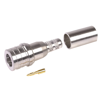 Conector QMA (Quick Mate) Macho, Anillo Plegable en RG-58/U, LMR-195, Bronce Blanco/Oro/Teflón.