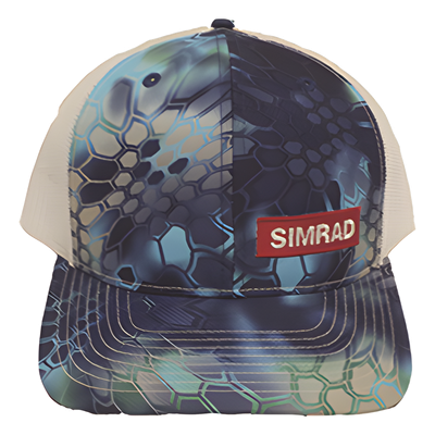 Gorra color azul y blanco con logo simrad