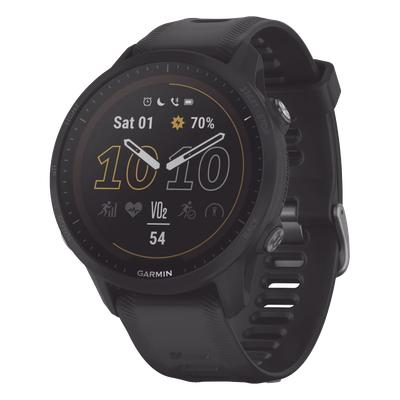 Reloj Garmin Forerunner 955 solar color negro en correa de silicón, con funciones premium de entrenamiento.