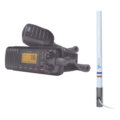 Kit de radio UM385BK | mas antena marina de fibra de vidrio TX-5101SYS/10M fabricada en fibra de vidrio con base roscable de acero inoxidable 