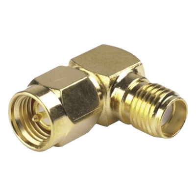 Adaptador en Ángulo Recto, de Conector SMA Macho a SMA Hembra, Oro/ Oro/ Teflón.