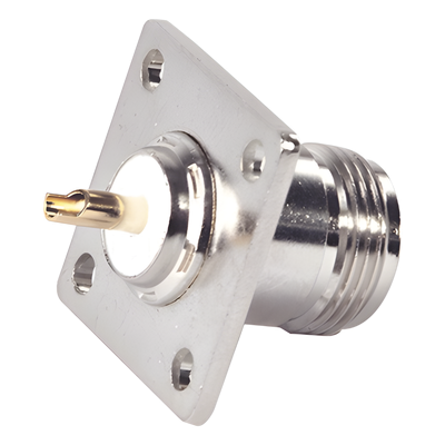 Conector N Hembra para Montaje en Panel, 4 perforaciones a 18 mm, PIN Largo, Plata/ Oro/ Teflón.