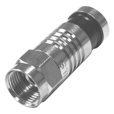 Conector F Macho Plegado Axial por Compresión para RG-59/U, Cuerpo en Níquel y Banda Negra.