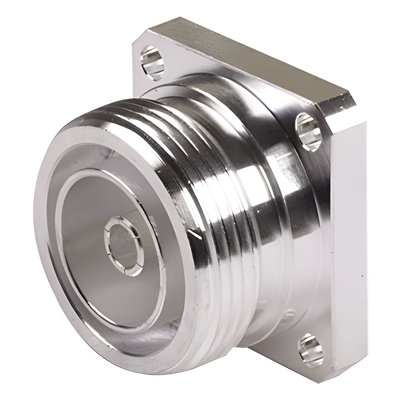 Conector DIN 7-16 Hembra, Tipo Flange de 4 Hoyos para Panel y Copa Soldable.