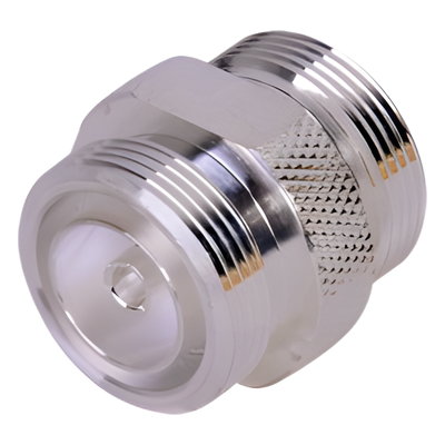 Adaptador Barril de Conector DIN-7-16 Hembra a DIN 7-16 Hembra, Plata/ Plata/ Teflón.