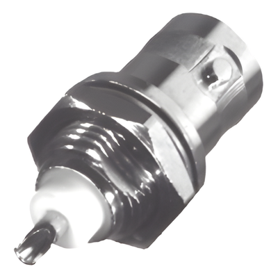   Conector BNC Hembra para Chasis, Montaje Frontal, Soldable, D-Plano, Troquelado, Niquel/ Oro/ Delrin.