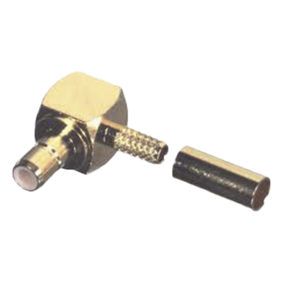 Conector SMB Hembra (Jack) en Ángulo Recto, (Pin Macho), Anillo Plegable para RG-174/U, Oro/ Oro/ Teflón.