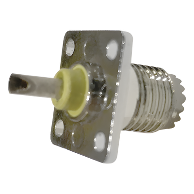 Conector Mini-UHF Hembra, de Montaje en 4 Perforaciones a 13 mm, Níquel/ Oro/ Baquelita.