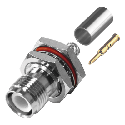 Conector TNC Hembra Inverso de Montaje Trasero en Panel, D-Plano, Hermético de Anillo Plegable para RG-142/U, Níquel/ Oro/ Teflón.