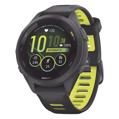 Forerunner® 265S, Bisel y carcasa en negro con correa de silicona en negro/amarillo