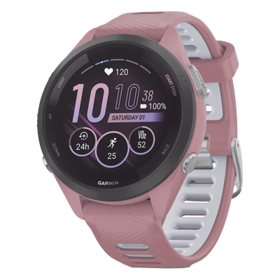 Forerunner® 265S, Bisel negro con carcasa en rosa y correa de silicona en rosa/gris