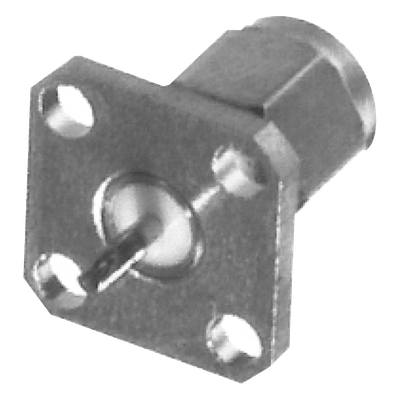 Conector SMA Macho de Montaje en Panel de 4 Perforaciones y Terminal Soldable, Níquel/ Oro/ Teflón.â€‹