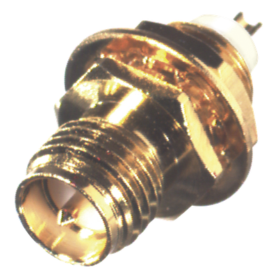 Conector SMA Hembra Inverso de Montaje Frontal en Panel, D-Plano, Soldable, Oro/ Oro/ Teflón. 