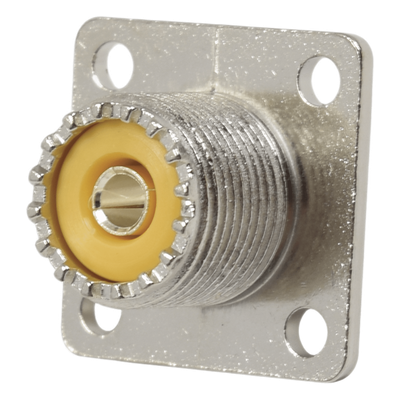 Conector UHF Hembra (SO-239), para Montaje en Chasis con 4 perforaciones a 18 mm, Terminal Soldable, Níquel/ Plata/ Delrin.