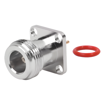 Conector N Hembra de Montaje de Panel con 4 perforaciones a 12.7 mm, soldable.