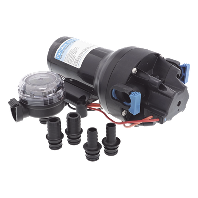Bomba de diafragma controlada por presión para trabajo pesado ParMax de 12 Vcd, caudal de 5 GPM, presión máxima 60 psi, para manguera de diámetro interior de 13 mm (1/2") y 19 mm (3/4")