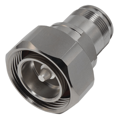 Adaptador en Línea de Conector DIN 7-16 Macho a 4.3-10 Hembra, Bronce Blanco/ Plata/ Teflón.