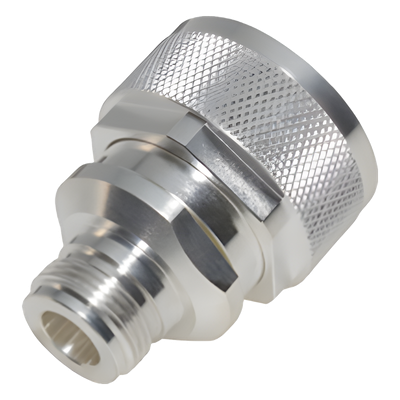 Adaptador en Línea de Conector DIN 7-16 Macho a N Hembra, Plata/ Plata/ Teflón.