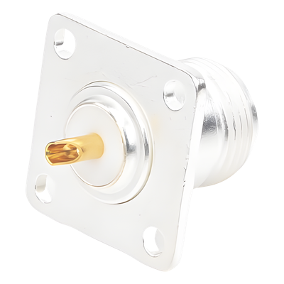 Conector N Hembra para Montaje Frontal en Panel con 4 Perforaciones a 18 mm, Plata/ Oro/ Teflón.