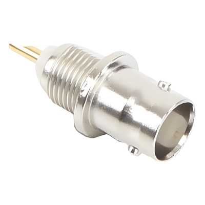 Conector BNC Hembra de Montaje Frontal D-Plano, Soldable, Rondana de Seguridad, Níquel/ Oro/ Delrin. 