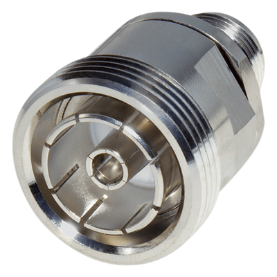 Adaptador en Línea de Conector DIN 7-16 Hembra a N Hembra, Plata / Plata / Teflón.