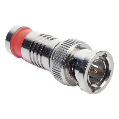 Conector BNC Macho en 75 Ohm, Montaje de Compresión Axial para Cable Coaxial RG-6/U, Níquel/ Oro/ Teflón.