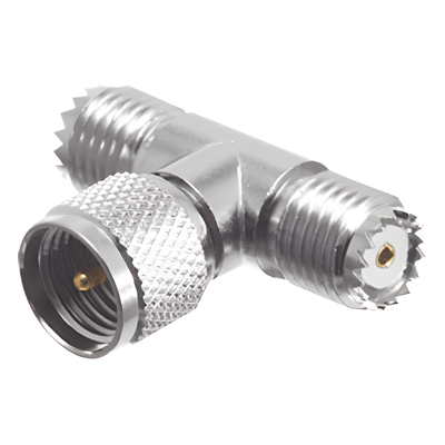 Adaptador en T de Conector Mini-UHF Macho a Doble Mini-UHF Hembra, Níquel/ Plata/ Teflón.