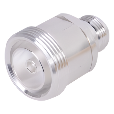 Adaptador en Línea de Conector DIN 7-16 Hembra a N Hembra, Plata / Plata / Teflón.