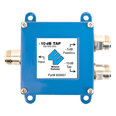 Separador TAP -10 dB con rango de frecuencia de 700 a 2500 MHz. Ideal para separar la antenas a diferentes longitudes de cable coaxial. 50 Ohm con conectores N Hembra. 