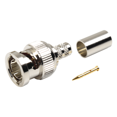 Conector BNC Macho en 75 Ohm, de Anillo Plegable para RG-59/U, Níquel/ Oro/ Teflón.