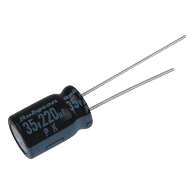 Capacitor Electrolítico Radial en Aluminio de 220 µFd, 35 Vcc, 105 °C, 10 x 12.5 mm.