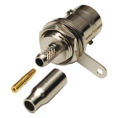 Conector BNC Hembra a 50 Ohm, Montaje Frontal en D-Plano, Anillo Plegable para Cables RG-174/U y RG-316/U, Niquel/ Oro/ Teflón.