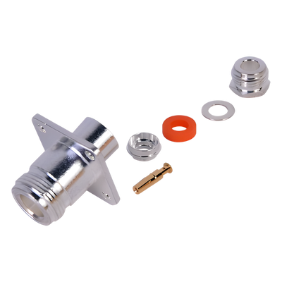 Conector N Hembra, montaje con 4 perforaciones a 18 mm.