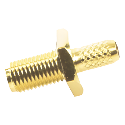 Conector SMA Hembra Inverso de Chasis en D Plano, Anillo Plegable para Cable RG-142/U, Oro/ Oro/ Teflón.