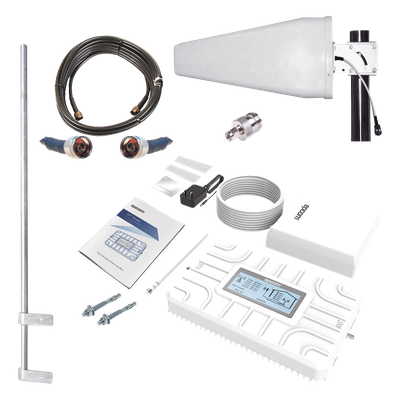Kit PLUS de Amplificador de Señal Celular 5G / Penta Banda / Soporta 2G, 3G, 4G y 5G / Compatible con TELCEL, AT&T, MOVISTAR y OMV / Cobertura hasta 250 m2 / Incluye Antenas, Jumpers coaxiales y mástil.