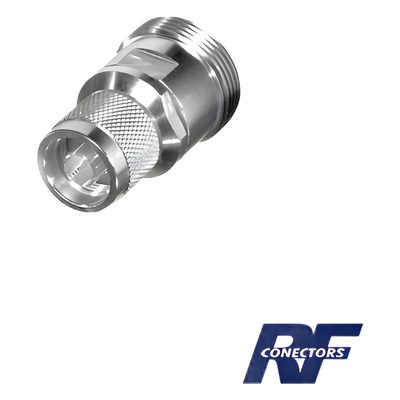 Adaptador en Línea, de Conector DIN 7-16 Hembra a N Macho, Plata/ Plata/ Teflón.