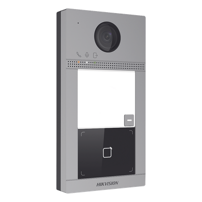 Videoportero IP 2 Megapixel / Llamada y Apertura Remota desde App Hik-Connect / PoE / Exterior IP65 + Antivandalico IK08 / 1 Departamento / Apertura con Tarjeta / Soporta 2 Puertas y hasta 6 Monitores