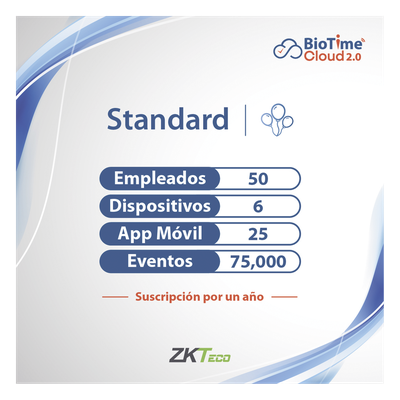 LICENCIA STANDART BIOTIME CLOUD 2.0  / 50 USUARIOS / 6 DISPOSITIVOS (Licencia Anual)