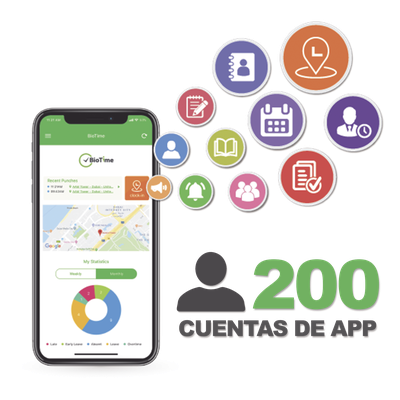 Licencia para realizar checadas de asistencia desde Smartphone (APP) con envío de fotografía y ubicación por GPS / Compatible con BIOTIMEPRO / Licencia para 200 usuario