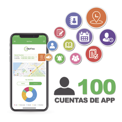Licencia para realizar checadas de asistencia desde Smartphone (APP) con envío de fotografía y ubicación por GPS / Compatible con BIOTIMEPRO / Licencia para 100 usuario
