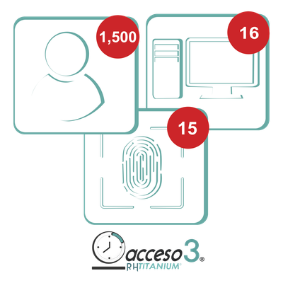 [BAJO PEDIDO] Licencia para software de Tiempo & Asistencia compatible con SISTEMAS DE NOMINA / 1,500 Empleados / 16 Relojes checadores / 16 PC / Acceso3 - TITANIUM