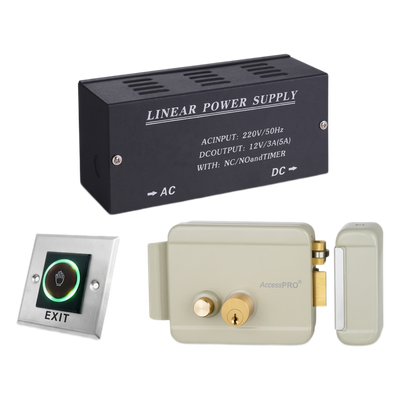 Kit Control de Acceso / Fuente Alimentación 36W 13.2VCD / Cerradura Eléctrica Derecha / Botón IR 5-15 cm / Acero Inoxidable / Indicadores LED / Relevador NO-NC-COM