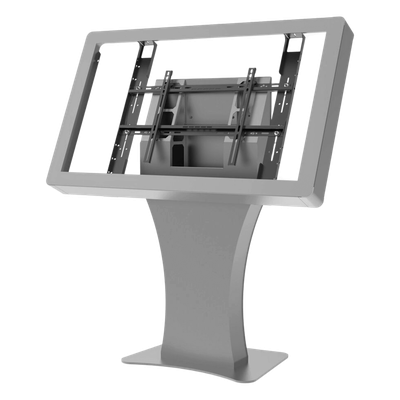 Kiosko Landscape Indoor / Soporte para Pantallas Digitales 55" / Diseño Hourglass Moderno / Base Plana Rectangular / Tray Interno para Componentes / Protección contra Robos / Acabado Powder Coat Premium